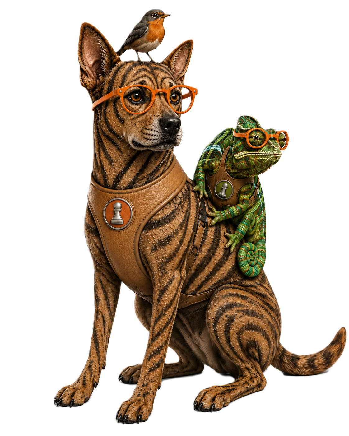 Full-body Stella, a seated brindle dog wearing terracotta glasses, with Robin perched on her head and Simone the chameleon on her shoulder.