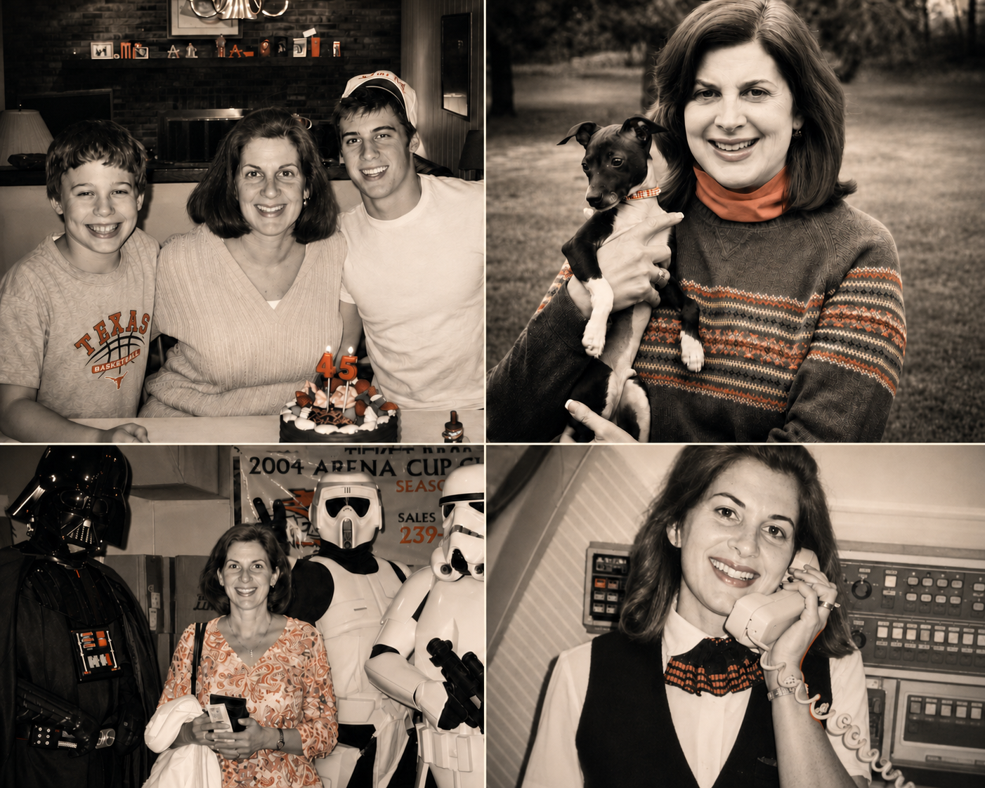A four-photo collage of Robin with family, an Italian Greyhound, Star Wars characters, and working as a flight attendant.